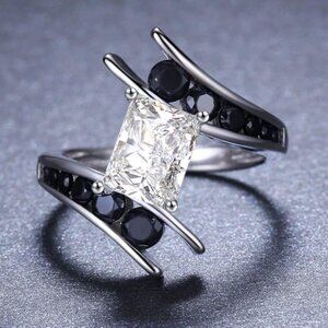 Women's Cubic Zirconia Radiant Cut with Round Black Accent Stones in Sterling